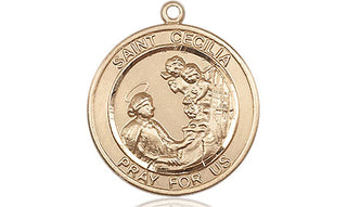 14kt Gold Saint Cecilia Medal Engraved Catholic Saint Jewelry