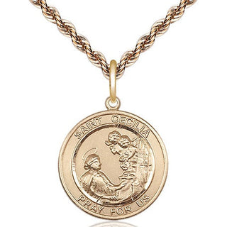 14kt Gold Saint Cecilia Medal Engraved Catholic Saint Jewelry