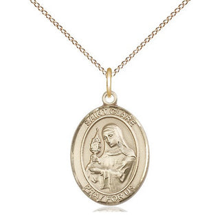 14kt Gold Saint Clare of Assisi Medal Engraved Catholic Saint Jewelry