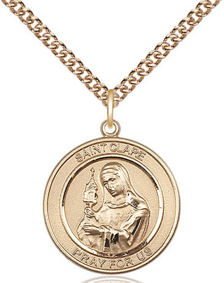 14kt Gold Saint Clare of Assisi Medal Engraved Catholic Saint Jewelry