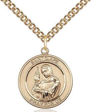 14kt Gold Saint Clare of Assisi Medal Engraved Catholic Saint Jewelry