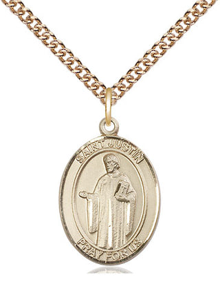 14kt Gold Saint Justin Medal Engraved Catholic Saint Jewelry