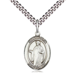 Pewter Saint Justin Medal Religious Jewelry Engraved Catholic Saint Jewelry