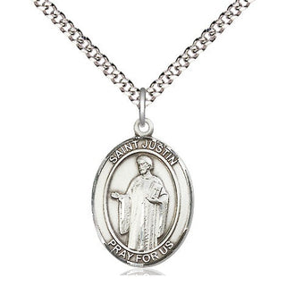 Pewter Saint Justin Medal Religious Jewelry Engraved Catholic Saint Jewelry