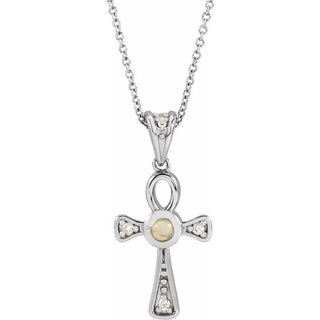 Sterling Silver Natural White Opal & .04 CTW Natural Diamond Ankh Cross 16-18' Necklace