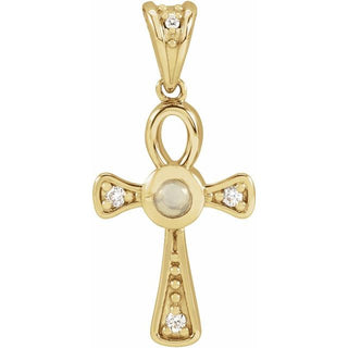 14K Yellow Natural White Opal & .04 CTW Natural Diamond Ankh Cross Pendant