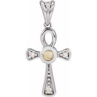 Platinum Natural White Opal & .04 CTW Natural Diamond Ankh Cross Pendant