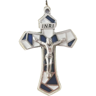 Bulk 1-1/4 inch White/Blue Enameled Crucifix