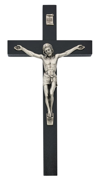 10-inch Black Wood with Silver Corpus Crucifix