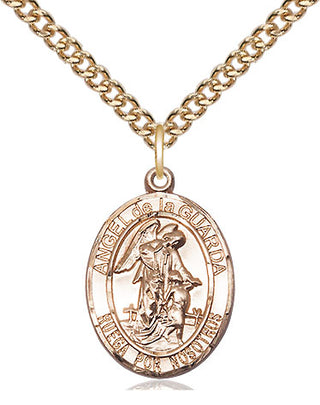 14kt Gold Angel de la Guarda Medal Engraved Catholic Saint Jewelry