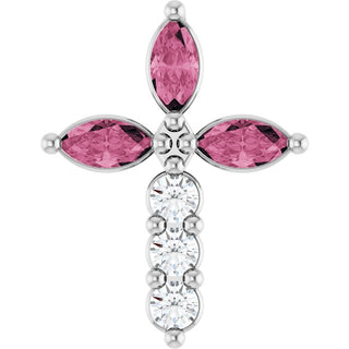 14K White Natural Pink Tourmaline & 1/10 CTW Natural Diamond Cross Pendant