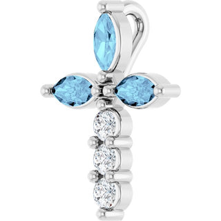 14K White Natural Aquamarine & 1/10 CTW Natural Diamond Cross Pendant