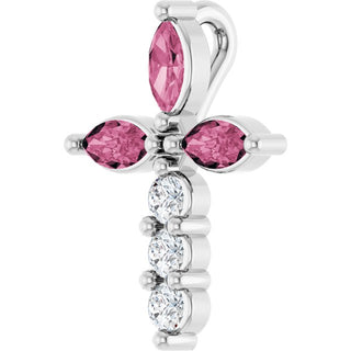 14K White Natural Pink Tourmaline & 1/10 CTW Natural Diamond Cross Pendant