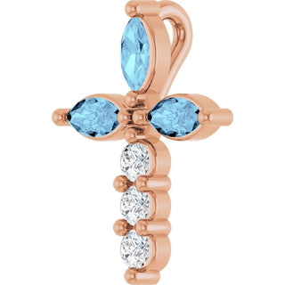 14K Rose Natural Aquamarine & 1/10 CTW Natural Diamond Cross Pendant