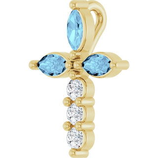 14K Yellow Natural Aquamarine & 1/10 CTW Natural Diamond Cross Pendant