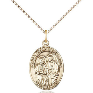 14kt Gold Filled Saints Cosmas & Damian Medal Religious Jewelry Engraved Catholic Saint Jewelry