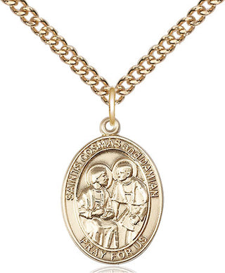 14kt Gold Saints Cosmas & Damian Medal Engraved Catholic Saint Jewelry