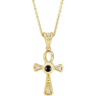 14K Yellow Natural Onyx & .04 CTW Natural Diamond Ankh Cross 16-18' Necklace