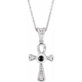 14K White Natural Onyx & .04 CTW Natural Diamond Ankh Cross 16-18' Necklace