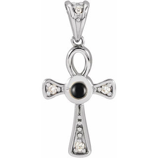 14K White Natural Onyx & .04 CTW Natural Diamond Ankh Cross Pendant