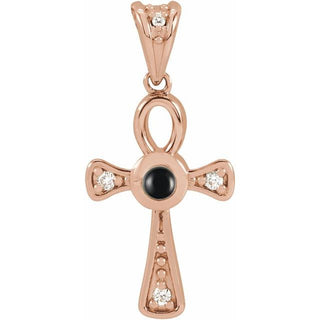 14K Rose Natural Onyx & .04 CTW Natural Diamond Ankh Cross Pendant