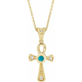 14K Yellow Natural Turquoise & .04 CTW Natural Diamond Ankh Cross 16-18' Necklace