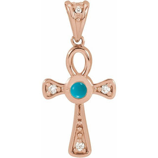 14K Rose Natural Turquoise & .04 CTW Natural Diamond Ankh Cross Pendant