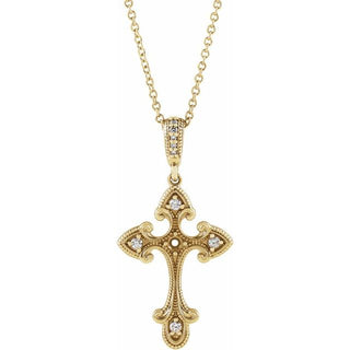 14K Yellow .06 CTW Natural Diamond Semi-Set Vintage-Inspired Cross 16-18" Necklace