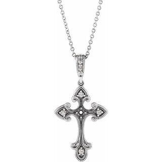 14K White .06 CTW Natural Diamond Semi-Set Vintage-Inspired Cross 16-18" Necklace
