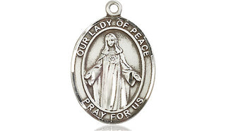 Pewter Our Lady of Peace Pendant on an 18-inch Light Rhodium Light Curb Chain | Engravable