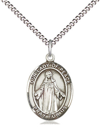 Pewter Our Lady of Peace Pendant | 18-inch Light Rhodium Chain Engraved Catholic Saint Jewelry