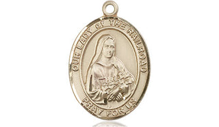 14kt Gold Our Lady of the Railroad Medal Engraved Catholic Saint Jewelry