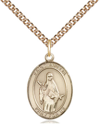 14kt Gold Saint Amelia Medal Engraved Catholic Saint Jewelry