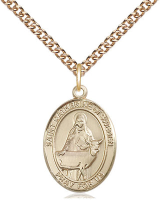 14kt Gold Saint Catherine of Sweden Medal Engraved Catholic Saint Jewelry