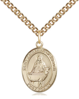 14kt Gold Saint Catherine of Sweden Medal Engraved Catholic Saint Jewelry