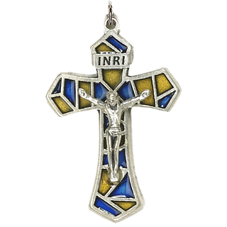 Bulk 1-1/4 inch Blue/Yellow Enameled Crucifix