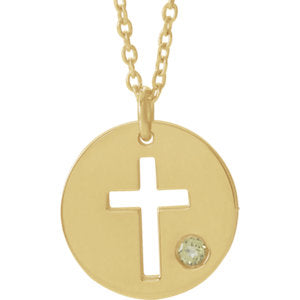 14K Gold Peridot Pierced Cross Disc 16-18" Necklace