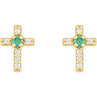 14K Yellow Natural Emerald & .03 CTW Natural Diamond Cross Earrings