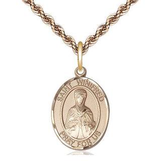 14kt Gold Saint Winifred of Wales Medal Engraved Catholic Saint Jewelry