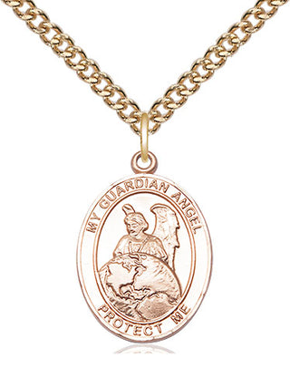 14kt Gold Guardian Angel Protector Medal Engraved Catholic Saint Jewelry