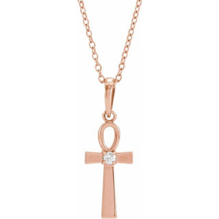 14K Rose .03 CT Natural Diamond Ankh Cross 16-18" Necklace