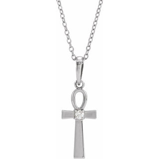 14K White .03 CT Natural Diamond Ankh Cross 16-18" Necklace