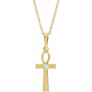 14K Yellow .03 CT Natural Diamond Ankh Cross 16-18" Necklace