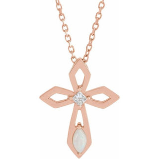 14K Rose Natural White Opal & .05 CT Natural Diamond Cross 16-18" Necklace