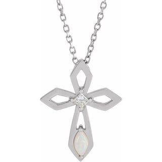 14K White Natural White Opal & .05 CT Natural Diamond Cross 16-18" Necklace