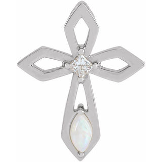 14K White Natural White Opal & .05 CT Natural Diamond Cross Pendant