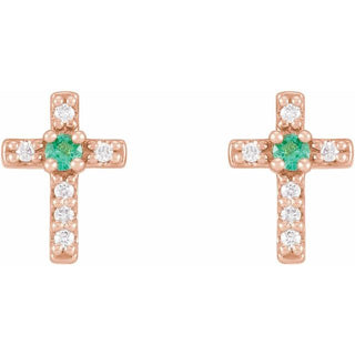 14K Rose Natural Emerald & .03 CTW Natural Diamond Cross Earrings