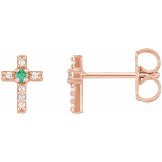 14K Rose Lab-Grown Emerald & .03 CTW Natural Diamond Cross Earrings