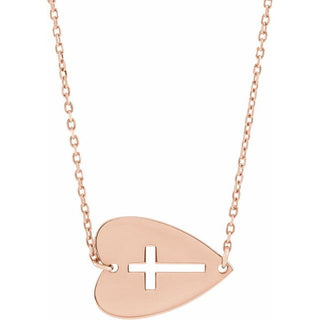 14K Rose Sideways Heart with Pierced Cross 18" Necklace