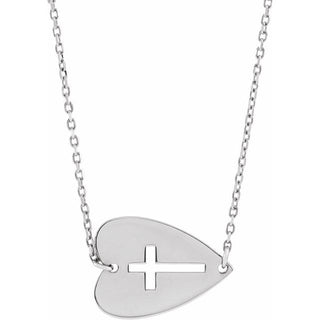 Sterling Silver Sideways Heart with Pierced Cross 18" Necklace